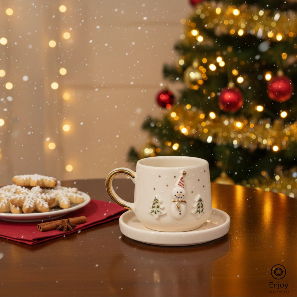 Handmade Snowman Espresso Cup with Saucer – 5.4oz Ceramic Christmas Cup