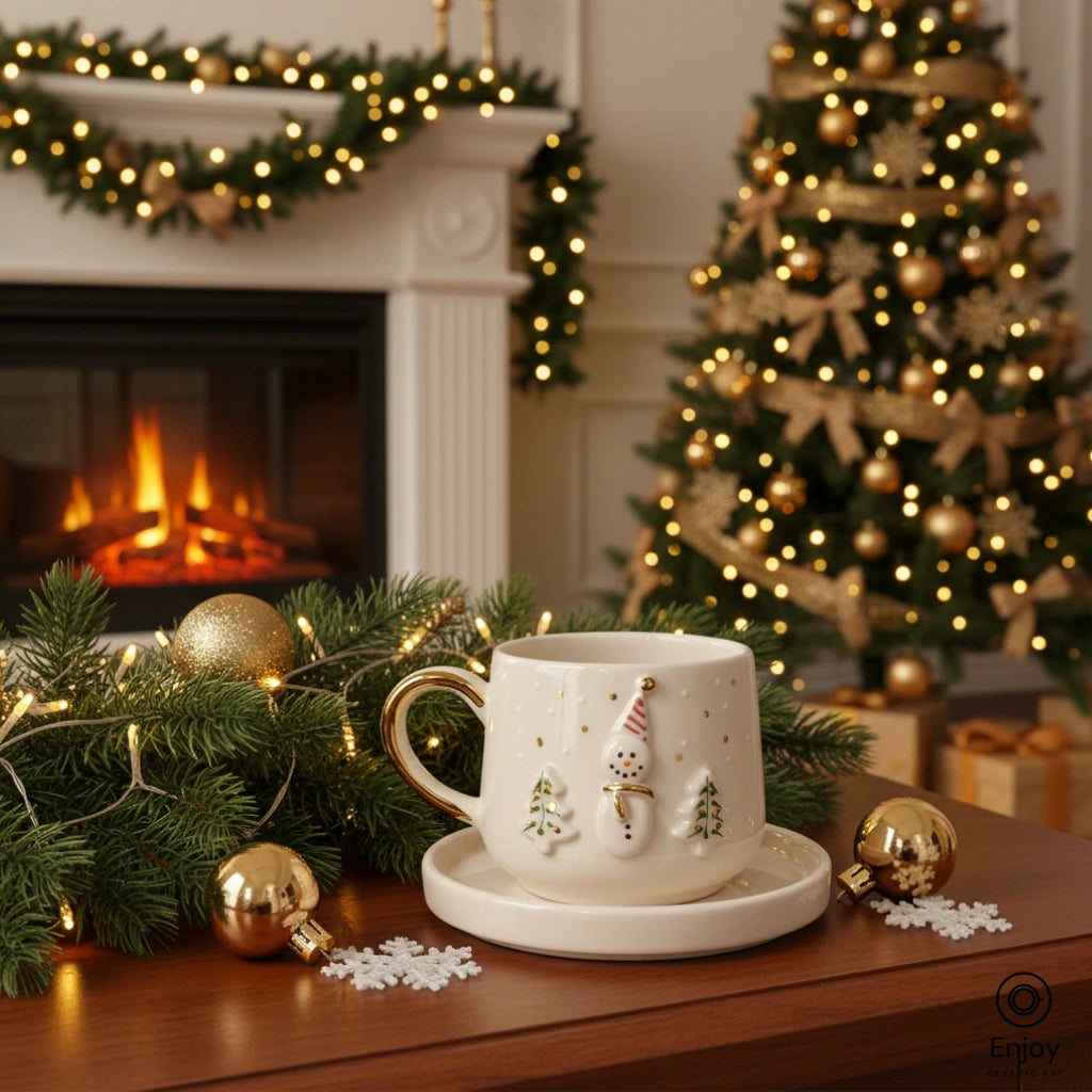 Handmade Snowman Espresso Cup with Saucer – 5.4oz Ceramic Christmas Cup