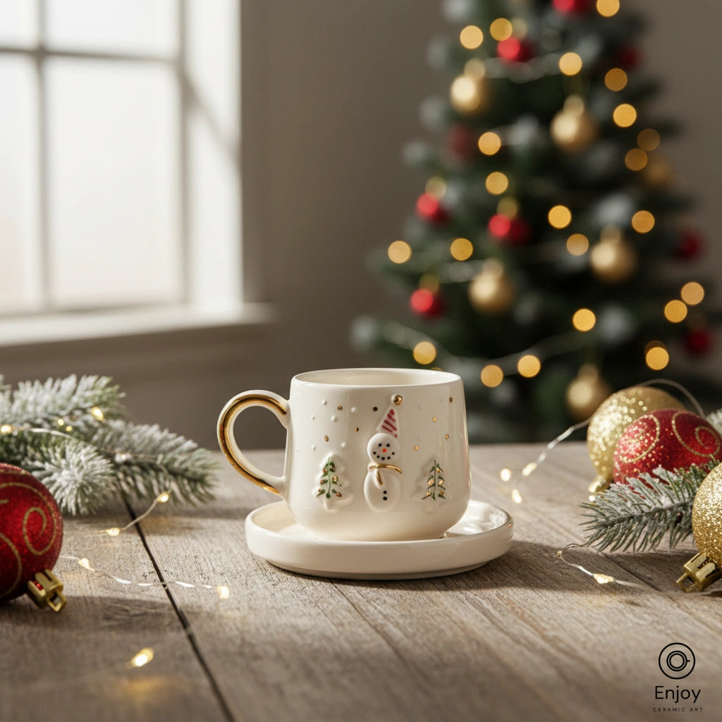 Handmade Snowman Espresso Cup with Saucer – 5.4oz Ceramic Christmas Cup