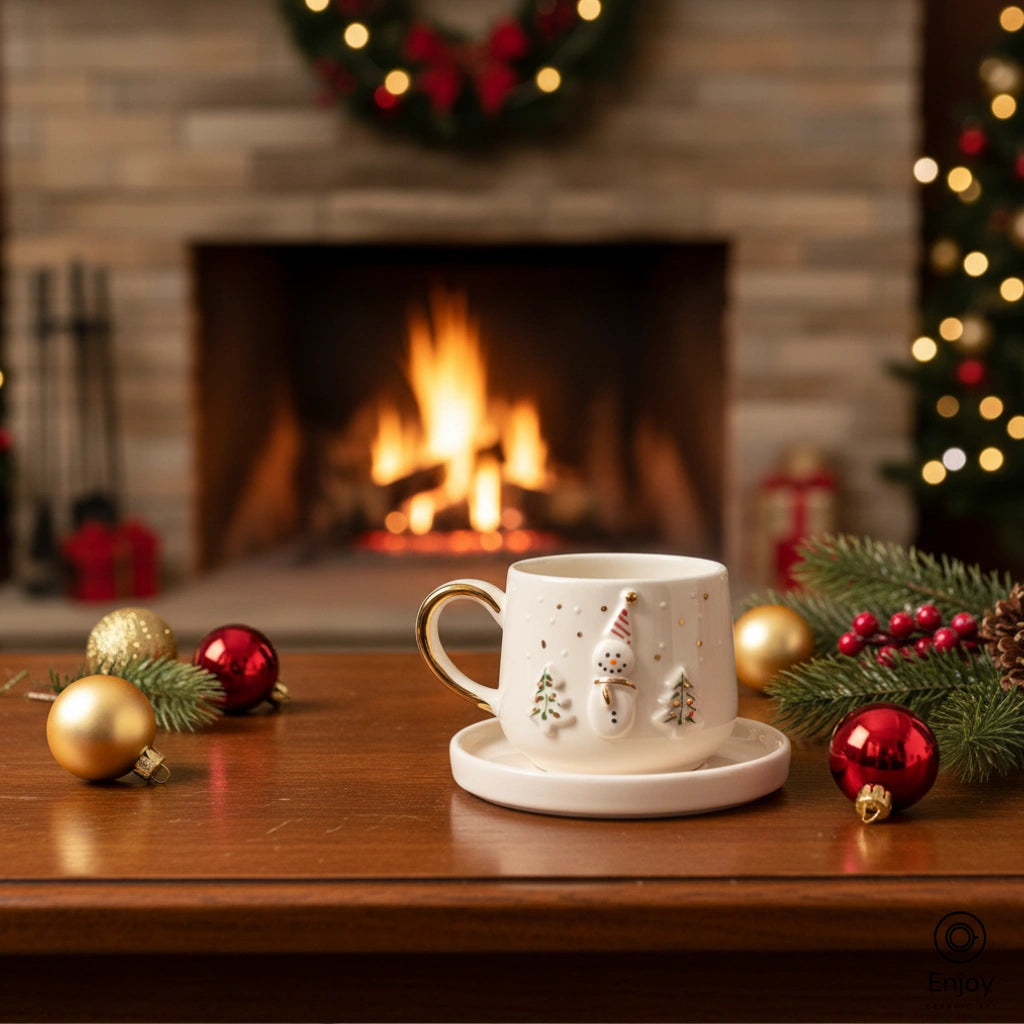 Handmade Snowman Espresso Cup with Saucer – 5.4oz Ceramic Christmas Cup