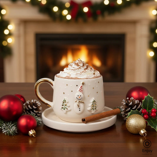 Handmade Snowman Espresso Cup with Saucer – 5.4oz Ceramic Christmas Cup