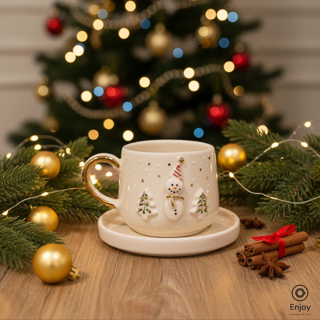 Handmade Snowman Espresso Cup with Saucer – 5.4oz Ceramic Christmas Cup