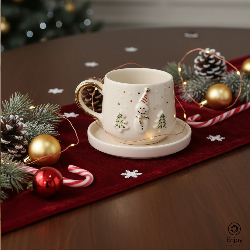 Handmade Snowman Espresso Cup with Saucer – 5.4oz Ceramic Christmas Cup