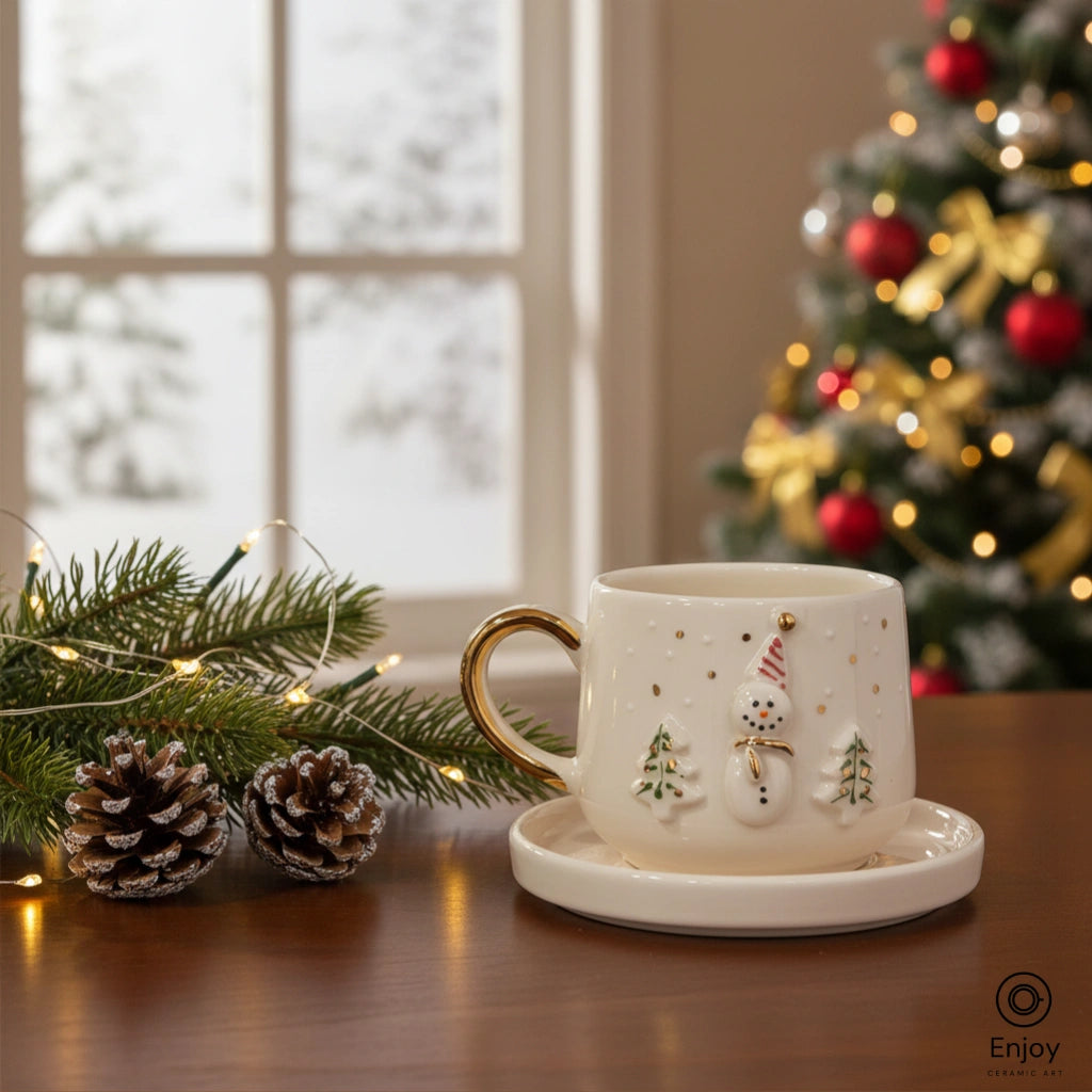 Handmade Snowman Espresso Cup with Saucer – 5.4oz Ceramic Christmas Cup