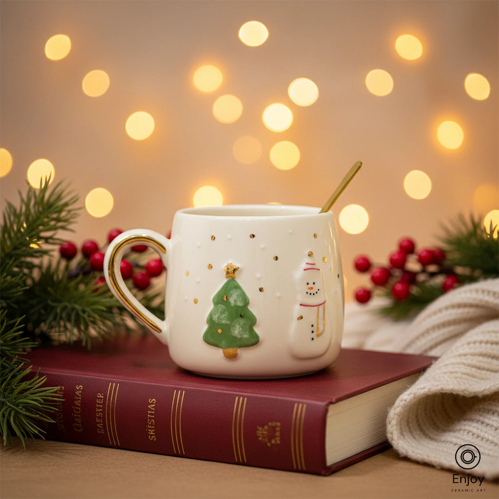 Handmade Snowman & Christmas Tree Ceramic Mug - Gold Handle