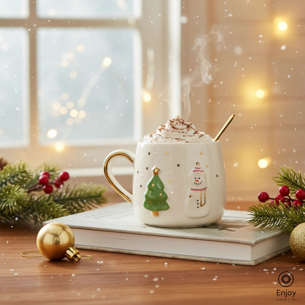 手作り雪だるまとクリスマスツリーの陶器マグカップ - ゴールド 手作り雪だるまとクリスマスツリーの陶器マグカップ - ゴールド