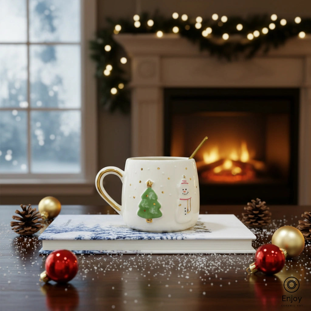 Handmade Snowman & Christmas Tree Ceramic Mug - Gold Handle