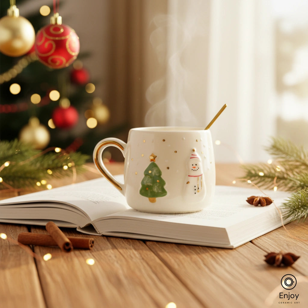 Handmade Snowman & Christmas Tree Ceramic Mug - Gold Handle