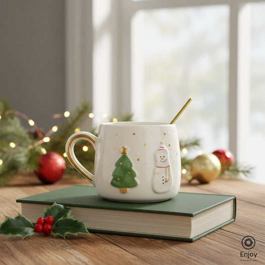 Handmade Snowman & Christmas Tree Ceramic Mug - Gold Handle