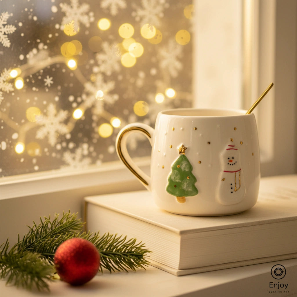 手作り雪だるまとクリスマスツリーの陶器マグカップ - ゴールド 手作り雪だるまとクリスマスツリーの陶器マグカップ - ゴールド
