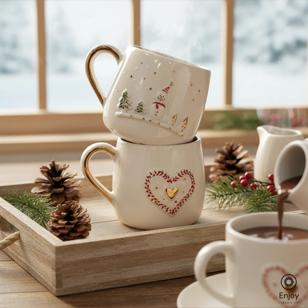 Handmade Snowman & Heart Mug Set – 10oz Ceramic Mugs with 3D Festive Detailing & Gold Accents