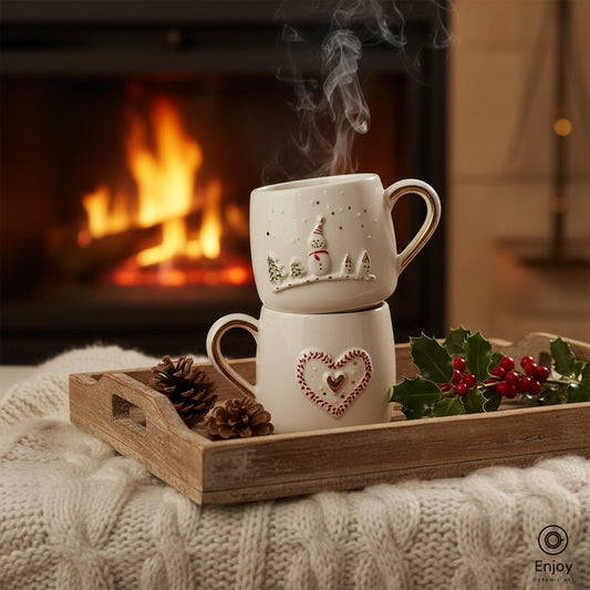 Handmade Snowman & Heart Mug Set – 10oz Ceramic Mugs with 3D Festive Detailing & Gold Accents