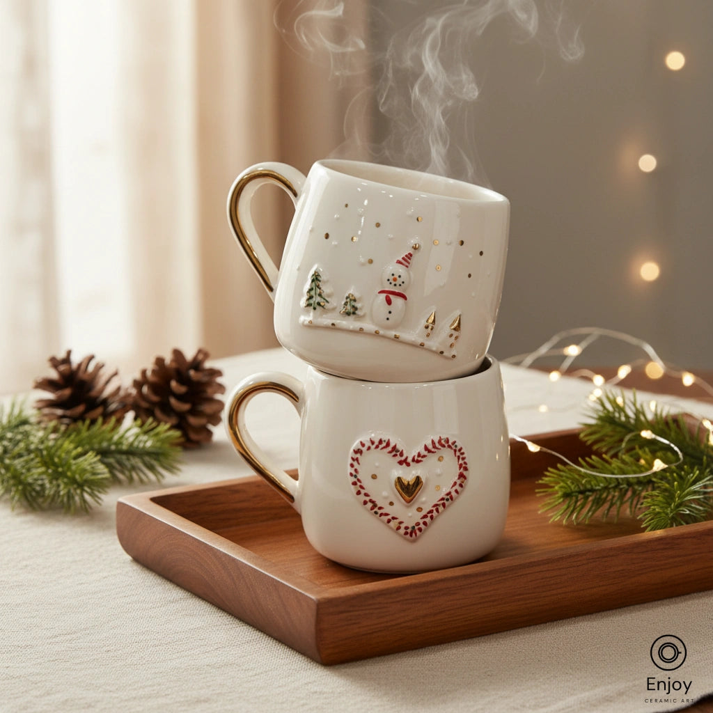 Handmade Snowman & Heart Mug Set – 10oz Ceramic Mugs with 3D Festive Detailing & Gold Accents