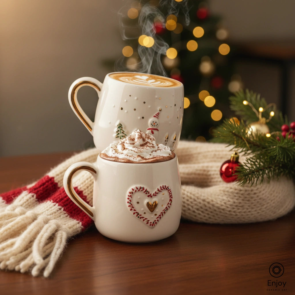 Handmade Snowman & Heart Mug Set – 10oz Ceramic Mugs with 3D Festive Detailing & Gold Accents