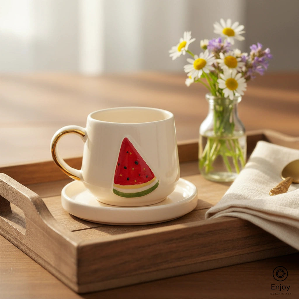Handmade Watermelon Espresso Cup with Saucer – 5.4oz Ceramic Cup