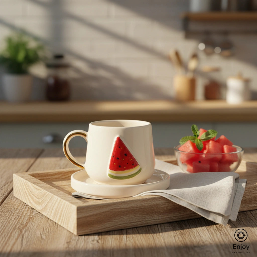 Handmade Watermelon Espresso Cup with Saucer – 5.4oz Ceramic Cup