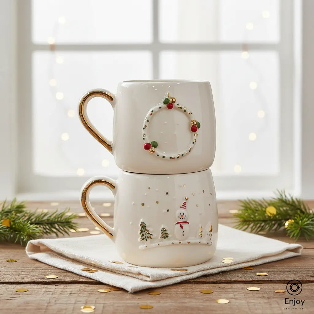Handmade Winter Mug Set – Snowman & Wreath Design with Gold Handle (Set of 2, 10oz)