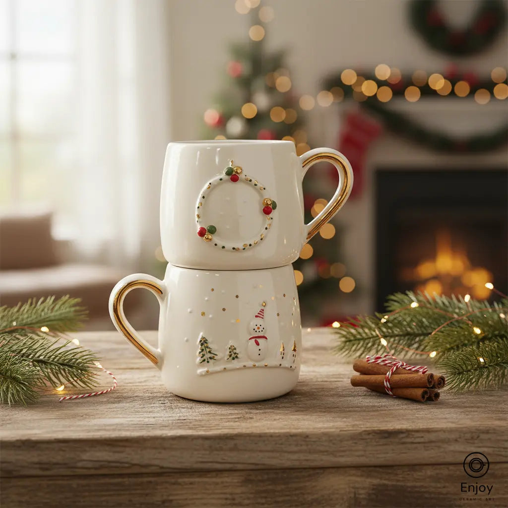 Handmade Winter Mug Set – Snowman & Wreath Design with Gold Handle (Set of 2, 10oz)