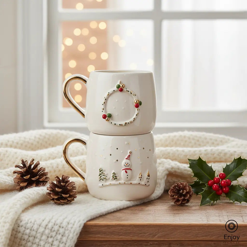 Handmade Winter Mug Set – Snowman & Wreath Design with Gold Handle (Set of 2, 10oz)