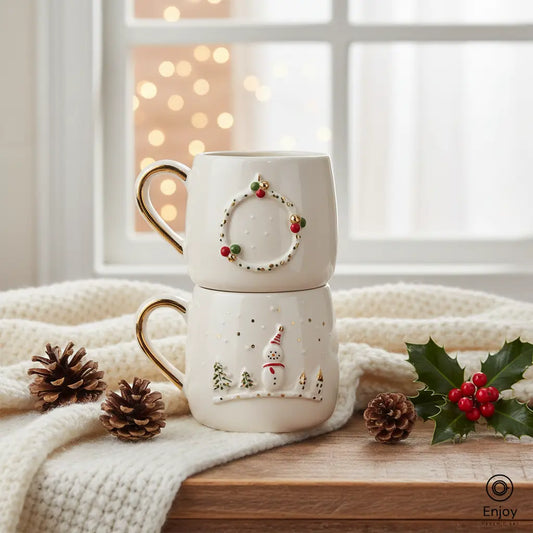 Handmade Winter Mug Set – Snowman & Wreath Design with Gold Handle (Set of 2, 10oz)