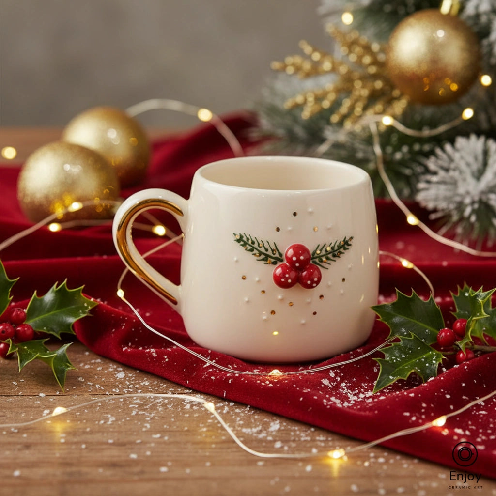Decorative Christmas mug with holly design on a red cloth with festive lights and ornaments.
