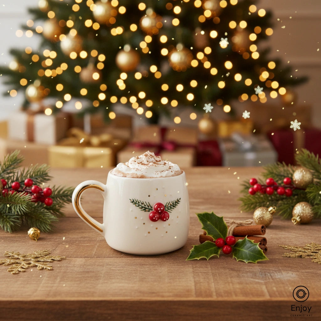 Mug of hot chocolate with whipped cream on a wooden table with Christmas decorations.
