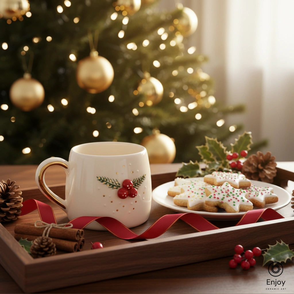 Decorative Christmas scene with a mug, cookies, and a tree in the background.