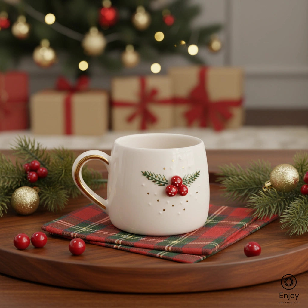 White mug with Christmas design on a plaid napkin, surrounded by festive decorations and gifts.