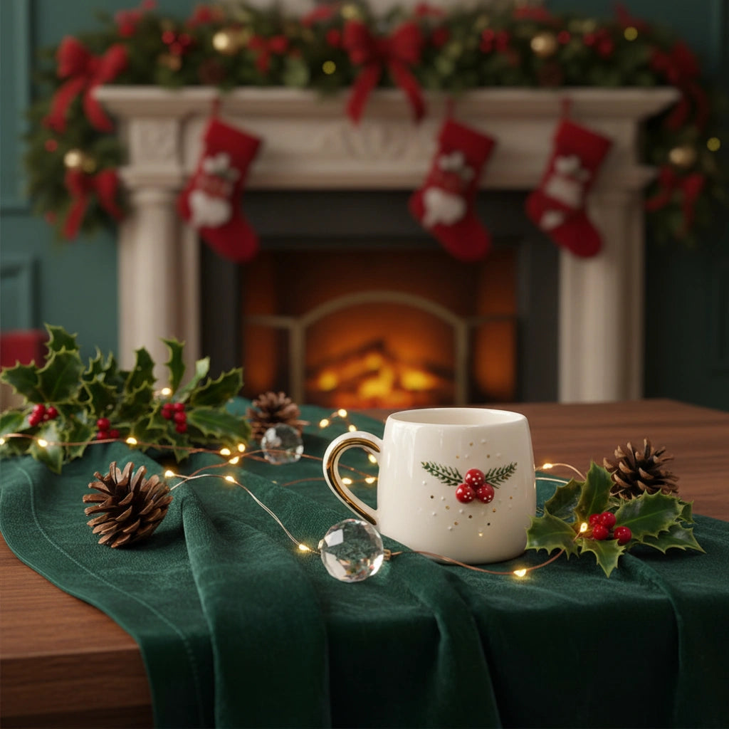 White mug with festive design on a green tablecloth in front of a fireplace with stockings.