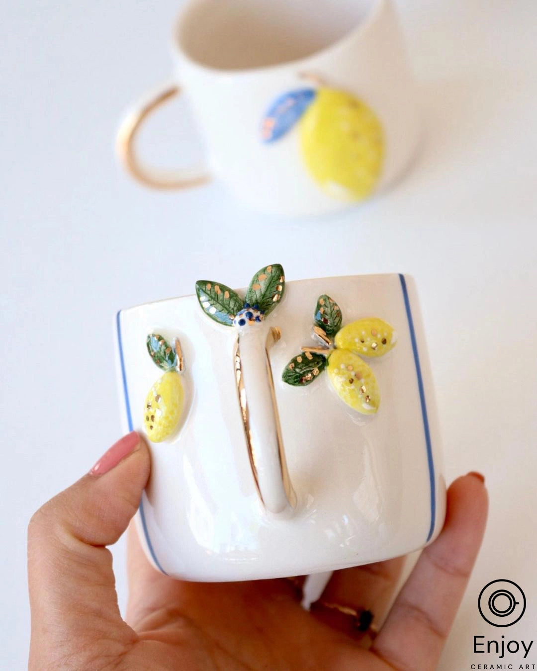 Handmade Lemon Coffee Mug with Blue and Gold Details and Gold Handle 10 oz /Refreshing and Elegant Drinkware/Summer Coffee Mugs