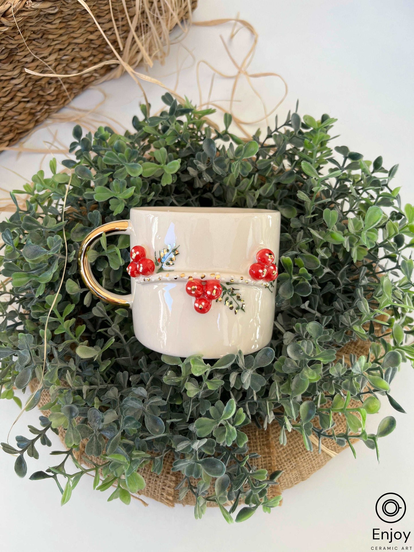 Handmade Winterberry Holly Ceramic Coffee Mug - A Unique Holiday Gift