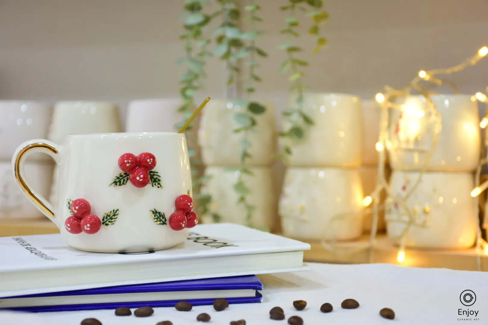 Berry-themed mug with red berries and green leaves, set in a cozy scene with fairy lights and coffee beans, adding festive cheer to any setting.