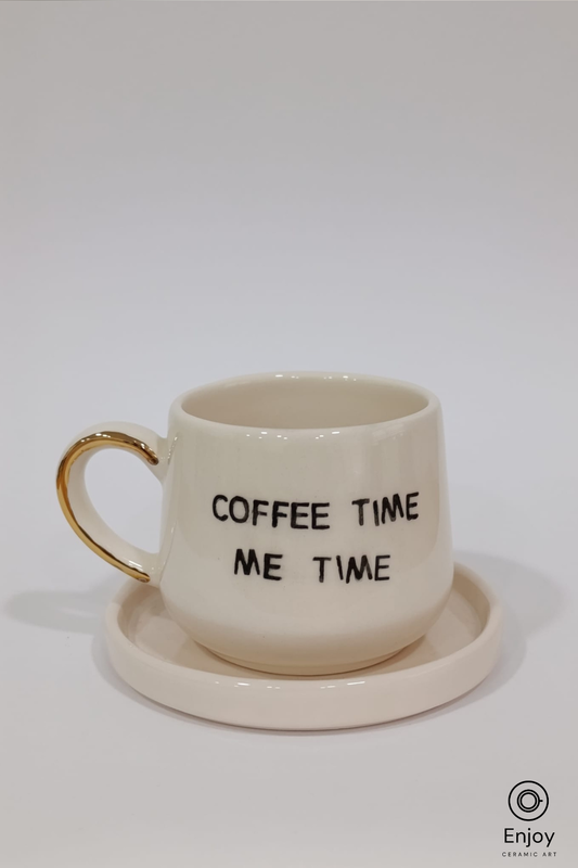 Ceramic mug with 'COFFEE TIME ME TIME' text on a matching coaster, on a white background.