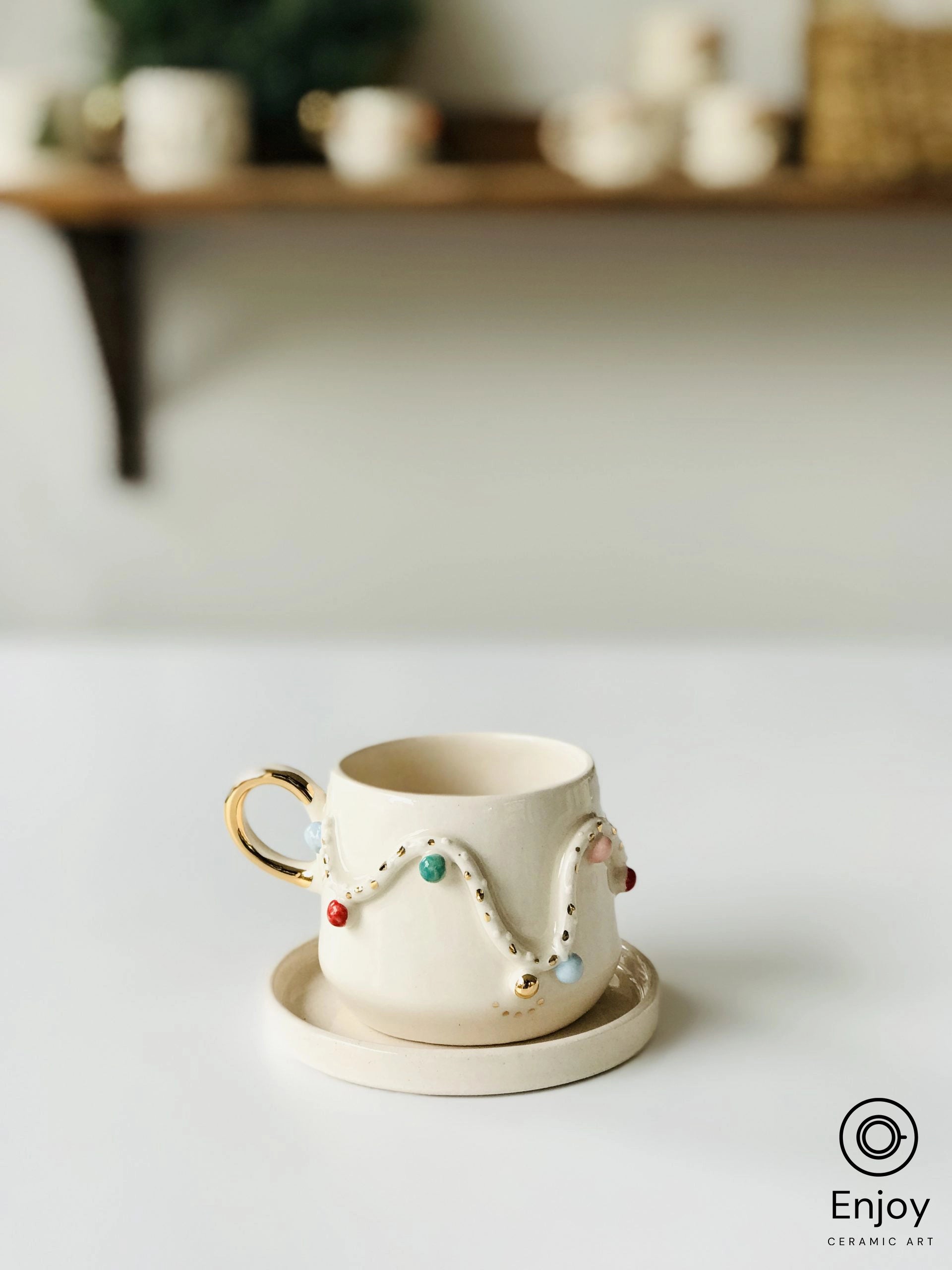Handmade Heart Snowman 5.4 oz Espresso Cup with Gold Handle