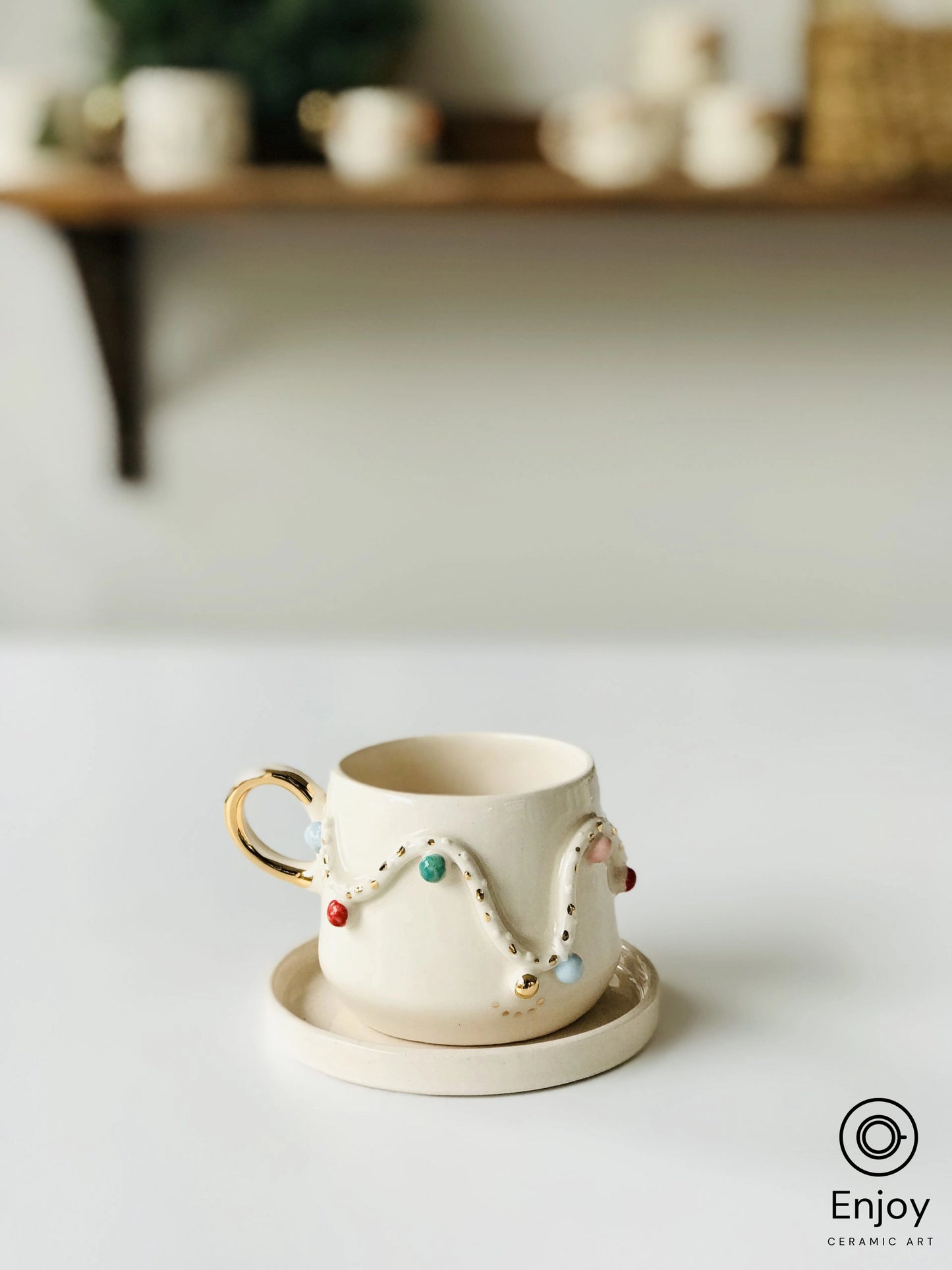 Colorful Night: Handmade Christmas Lights Ceramic Espresso Cup Set with Gold Handle & Saucer, 5.4 oz