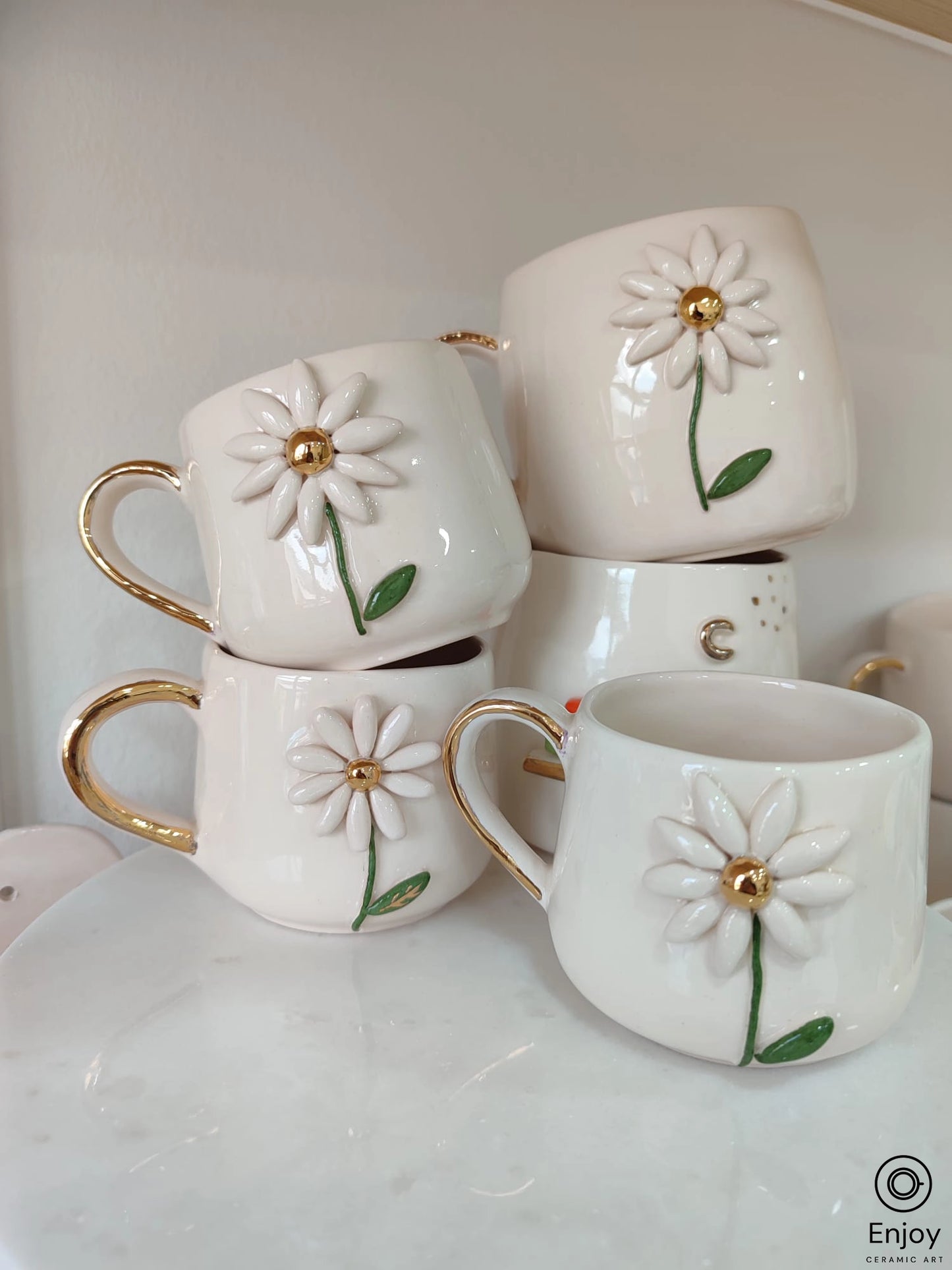 Daisy Delight: Handmade Ceramic Daisy Espresso Cup Set with Gold Handle & Saucer, 5.4 oz - Ideal Daisy Gift Set