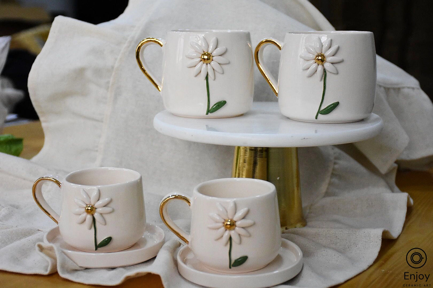 Handmade Daisy Ceramic Mug & Espresso Cup Set with Gold Accents