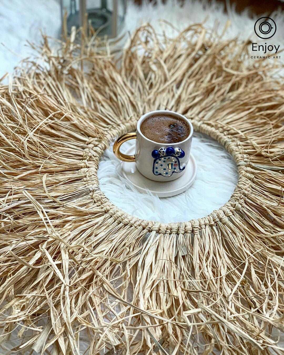 Elephant Abundance: Handmade Ceramic Espresso Cup Set with Gold Handle & Saucer, 5.4 oz - Perfect Elephant Lover Gift, Starbucks Inspired Elephant Coffee Cup