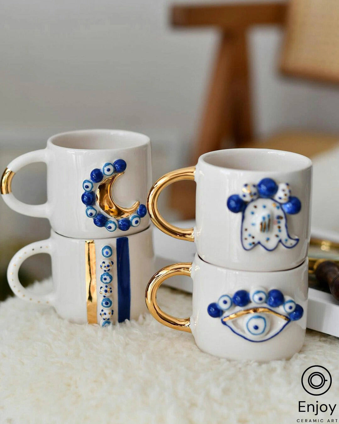 Elephant Abundance: Handmade Ceramic Espresso Cup Gold Handle