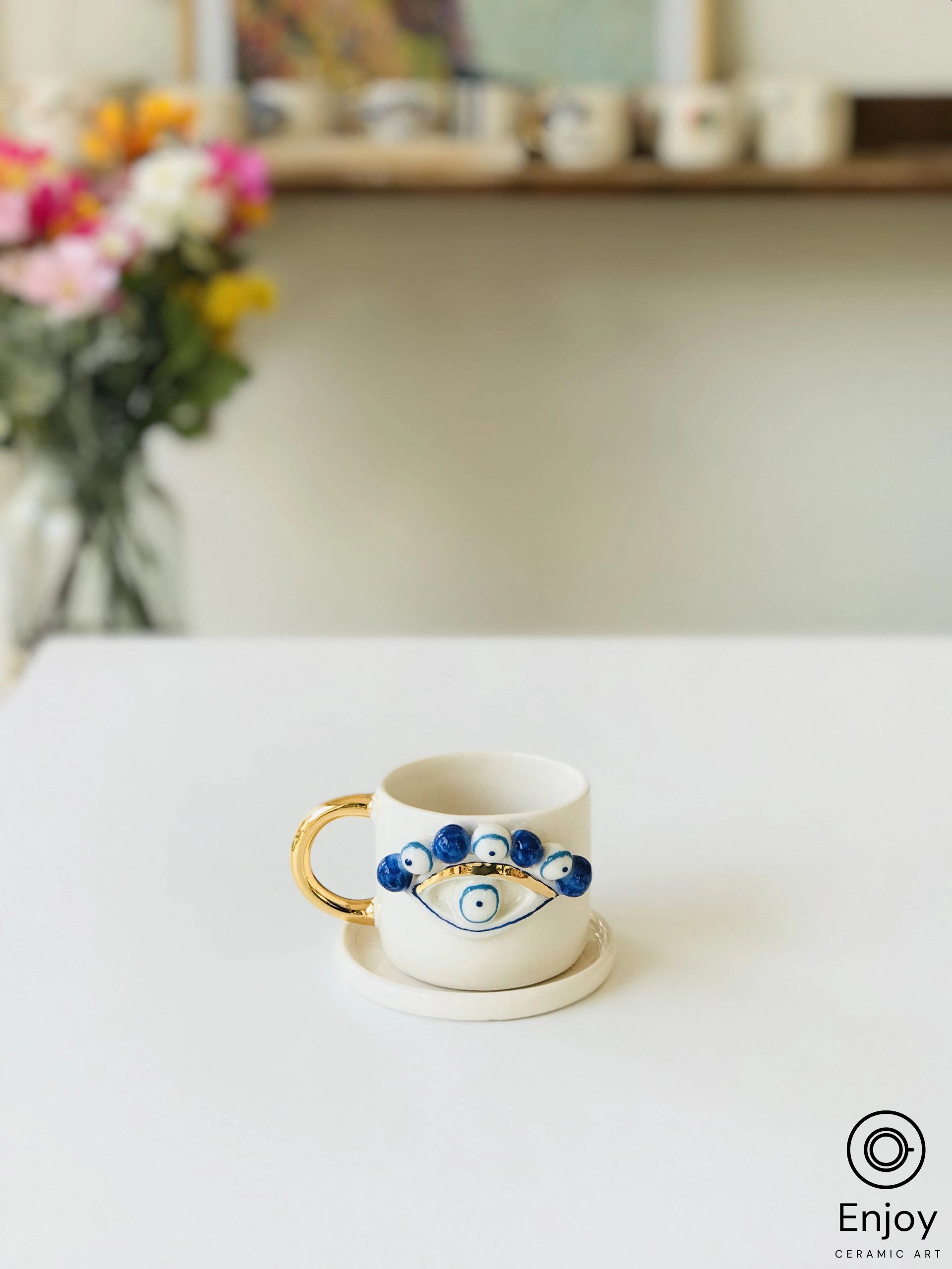 Evil Eye Protection: Handmade Ceramic Espresso Cup & Saucer Set, 5.4 oz - Turkish Evil Eye Espresso Cups, Starbucks Inspired Coffee Mug with Gold Handle