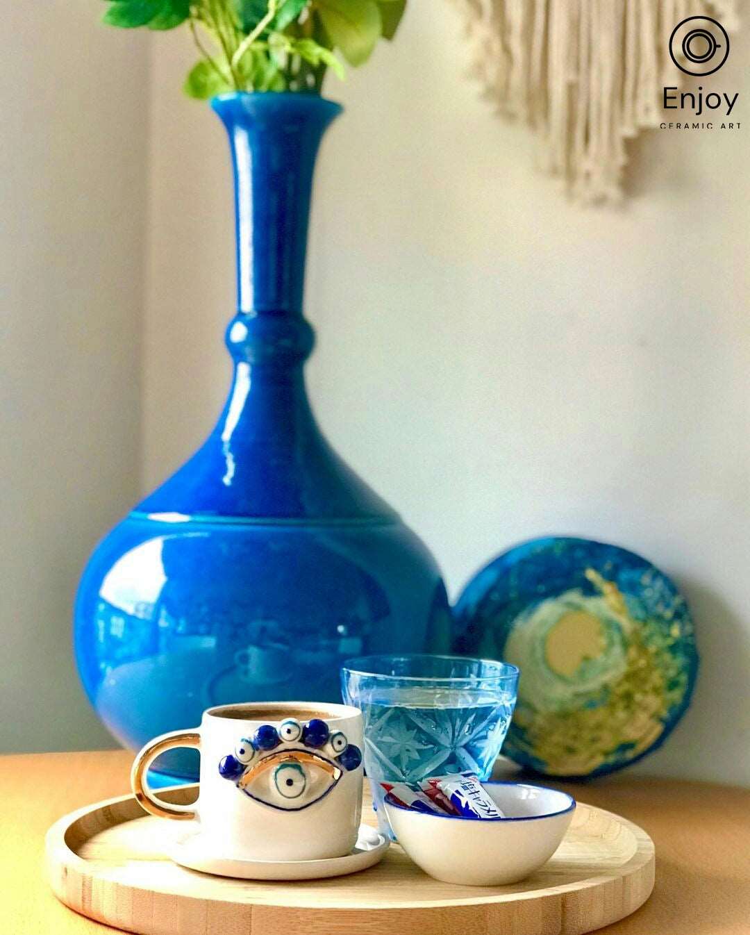 Evil Eye Protection: Handmade Ceramic Espresso Cup & Saucer Set, 5.4 oz - Turkish Evil Eye Espresso Cups, Starbucks Inspired Coffee Mug with Gold Handle