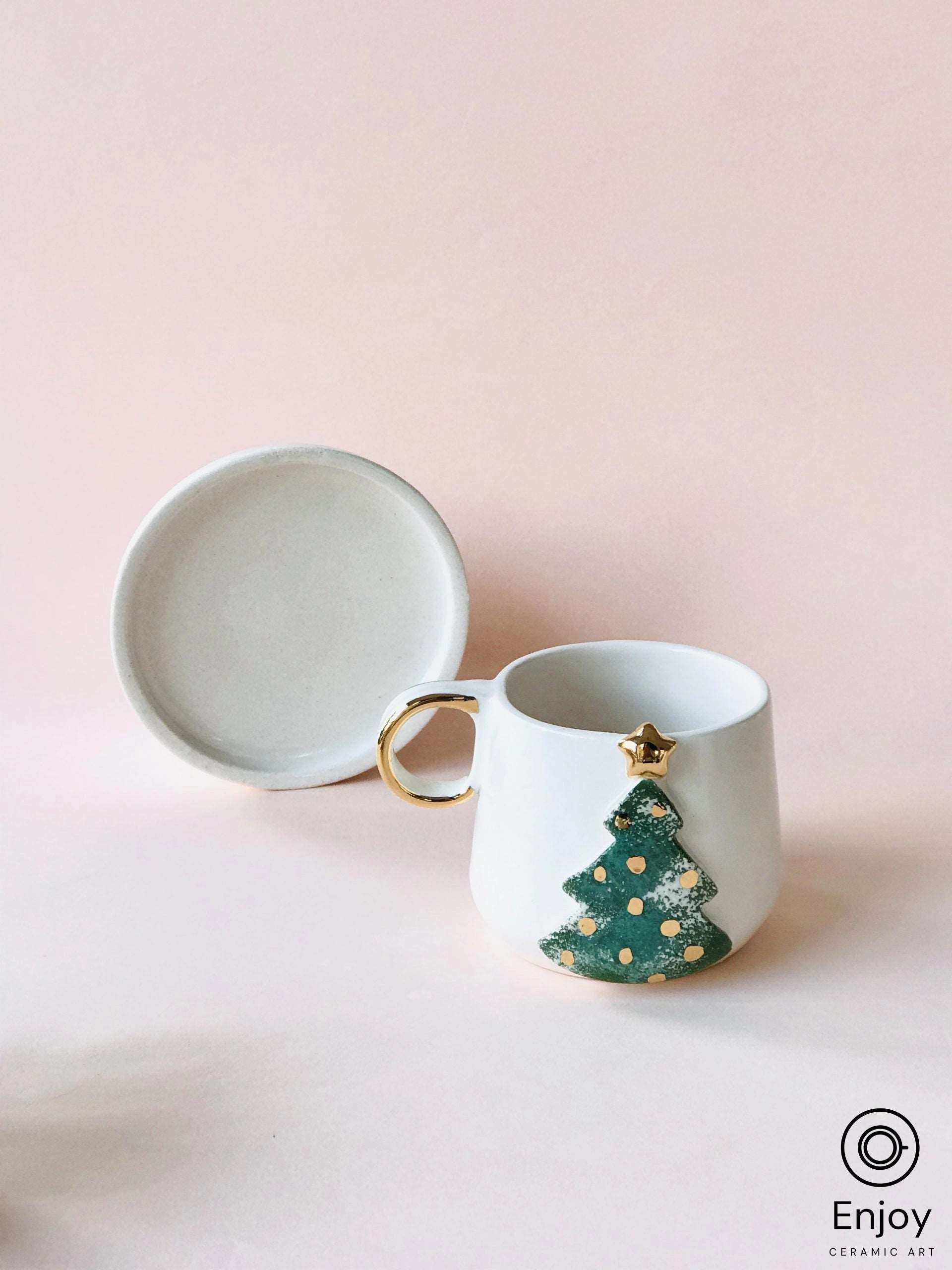 Finland-inspired Handmade Ceramic Espresso Cups Set: Christmas Green Tree & Gold Star Edition with Saucer - Perfect Christmas Espresso Cup, 5.4 oz