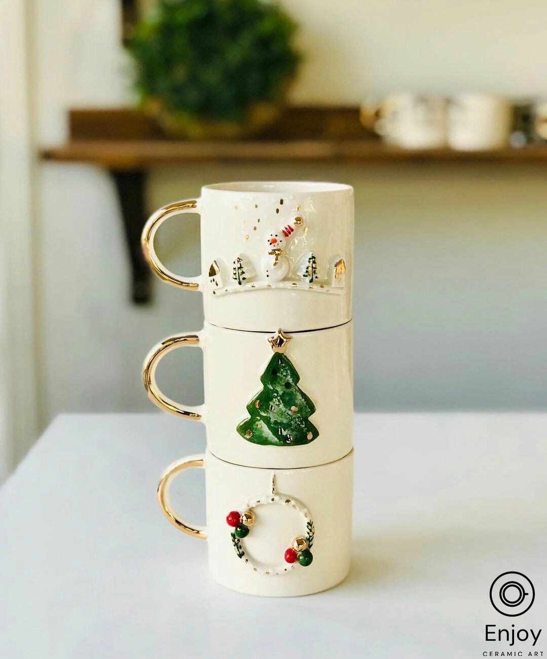 Handcrafted Christmas Tree Ceramic Coffee Mug - 10oz with Luxurious Gold Handle