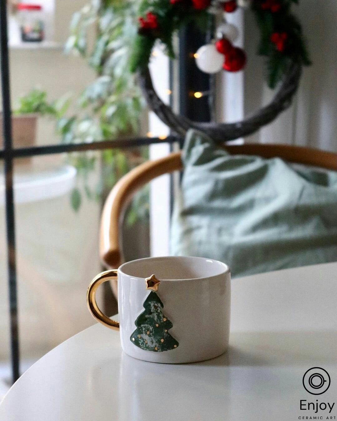 Handcrafted Christmas Tree Ceramic Coffee Mug - 10oz with Luxurious Gold Handle