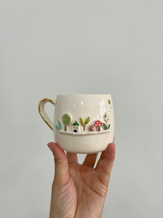 Handmade Enchanted Garden Ceramic Mug 10 oz with Gold Handle