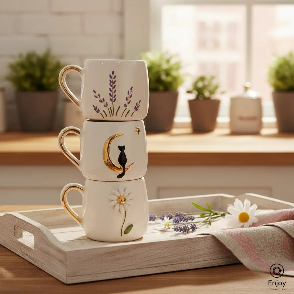 Handmade Ceramic Mug Set of 3 – Lavender, Moon Cat & Daisy (10oz)
