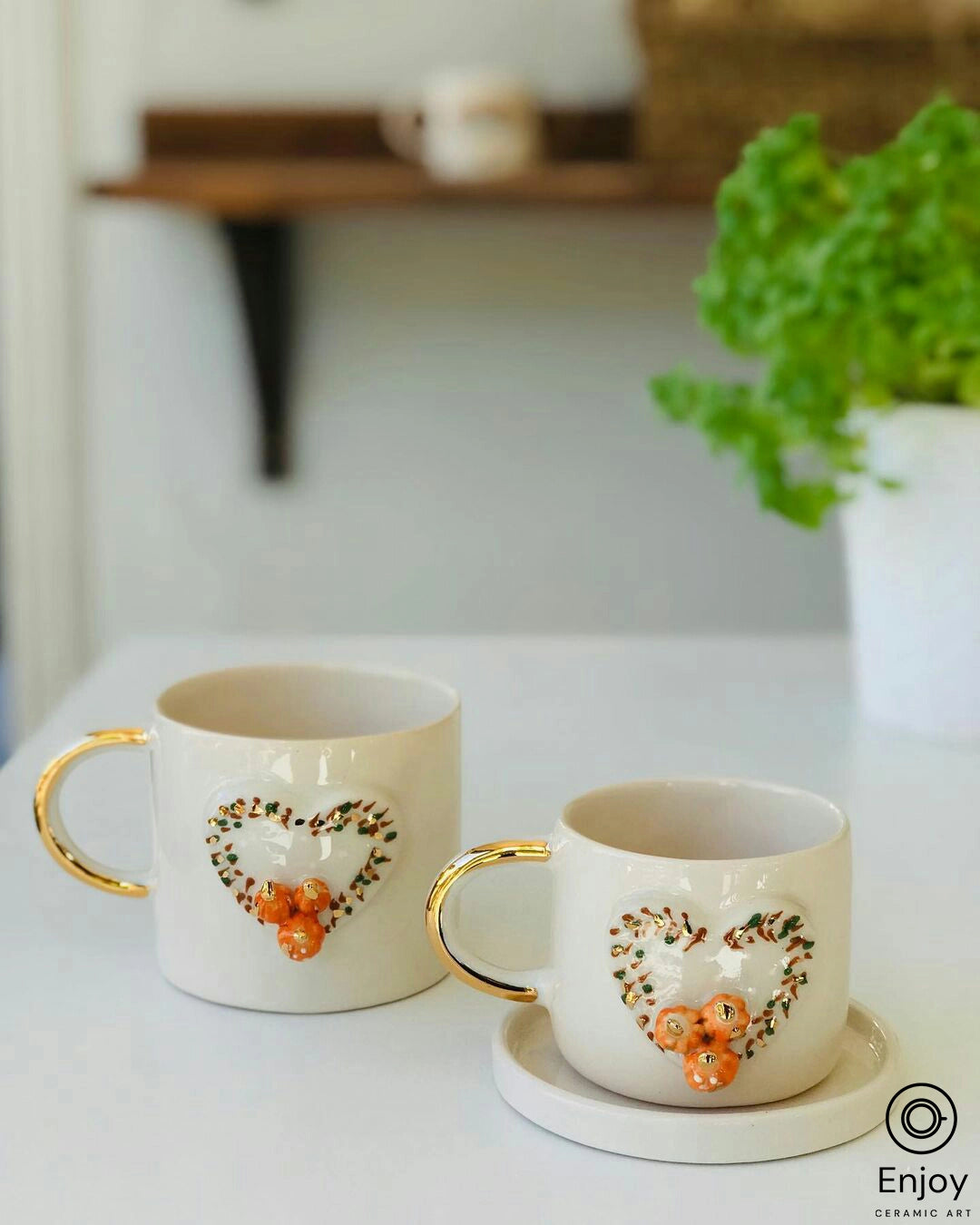 Handmade Pumpkin Heart Espresso Cup & Saucer Set: Ceramic Halloween Pumpkin Spice Mug - 5.4 oz
