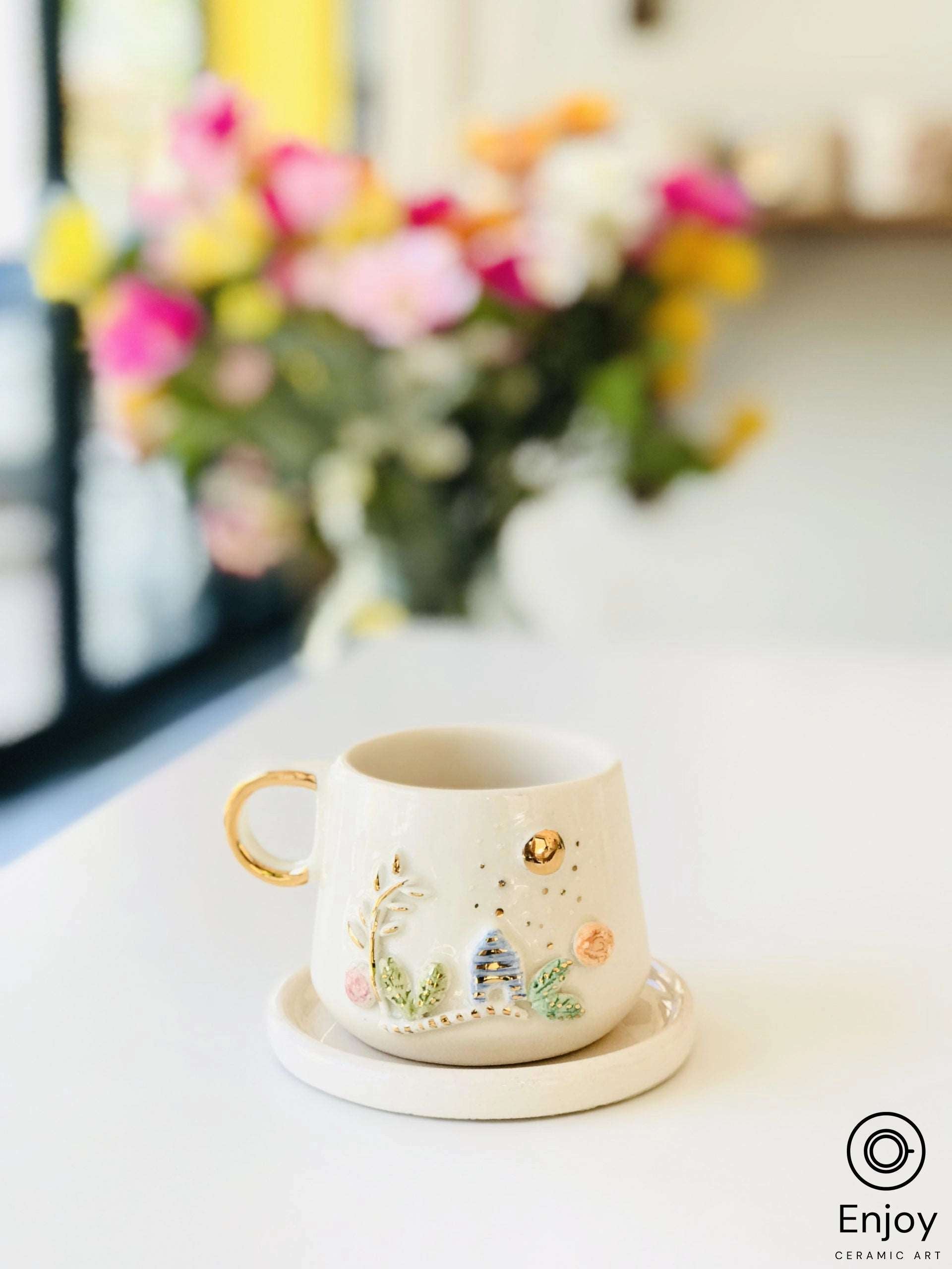 Happy Forest - Handmade Floral Espresso Cup & Saucer Set - 5.4 oz Ceramic Flower Coffee Mug with Gold Handle