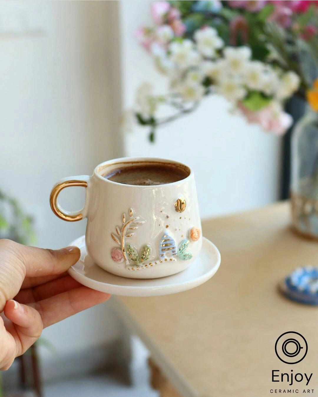 Happy Forest - Handmade Floral Espresso Cup & Saucer Set - 5.4 oz Ceramic Flower Coffee Mug with Gold Handle