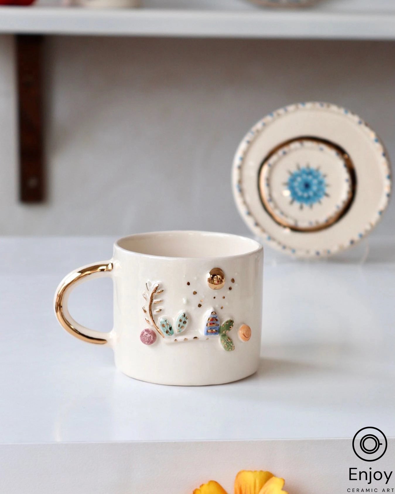 Handmade Floral Mug 10 oz- Handmade Gift - Cute Floral Mug - Floral Birthday Gift Idea - Floral Coffee Cup - Happy Forest Mug - Bridesmaid Gifts 